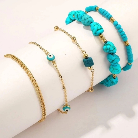 Turquoise Evil Eye 5 Layer Golden Anklet - Picture 3 of 5